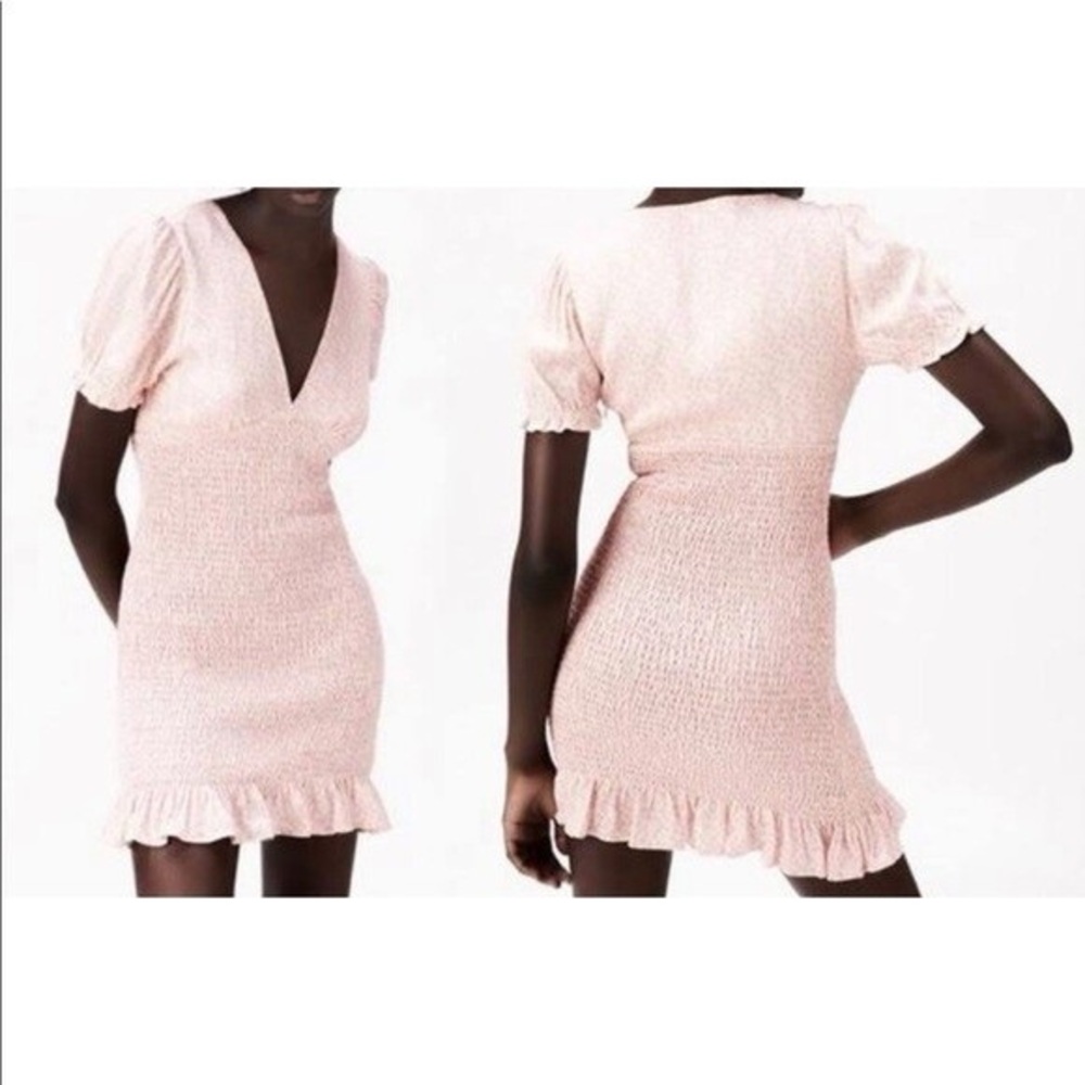 Zara Pink Puff Sleeve V-Neck Bodycon Mini Dress - Picture 5 of 6